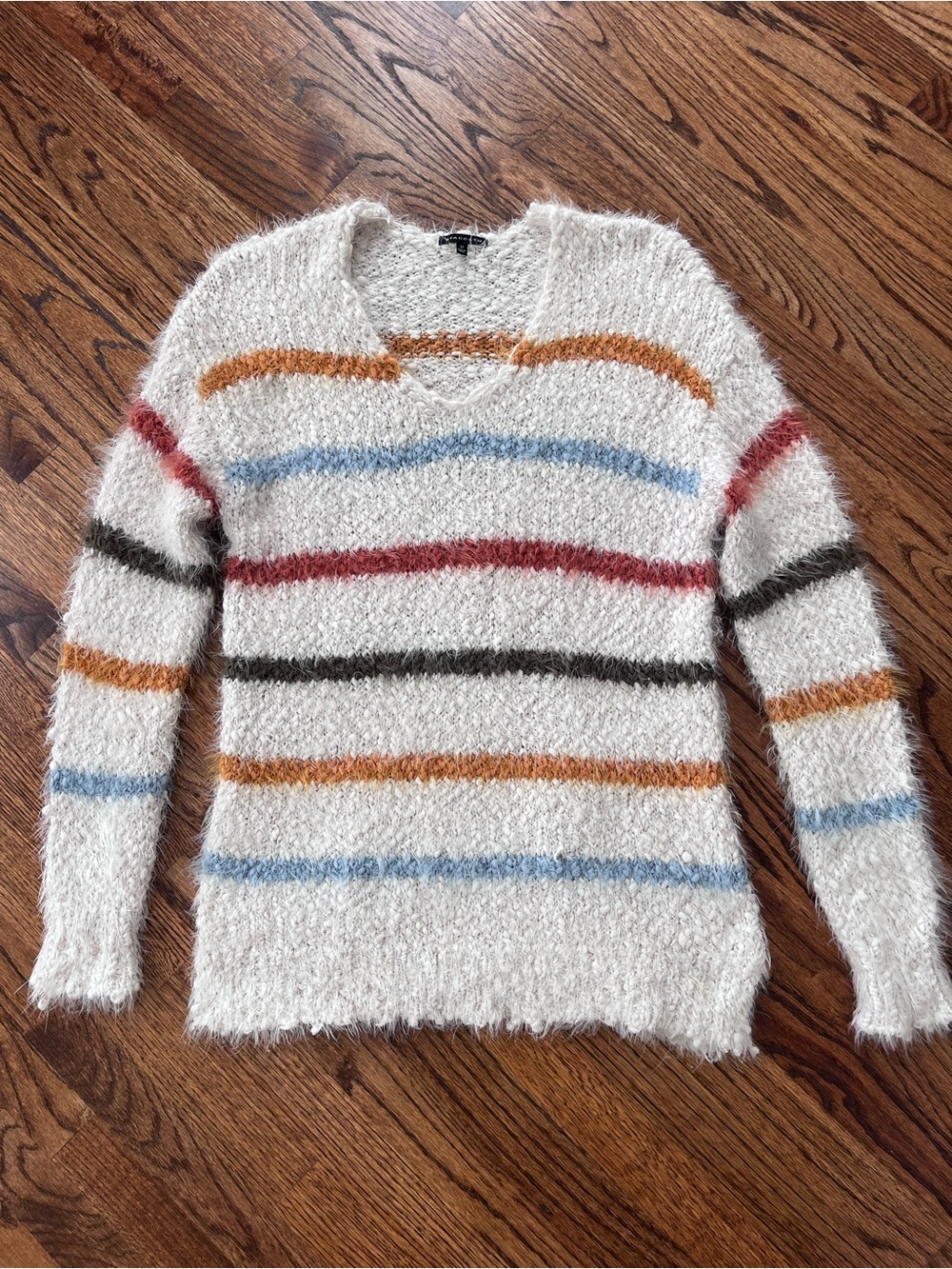 Staccato Fuzzy V-Neck Stripe Sweater in Cream with Multicolor Stripes Size M